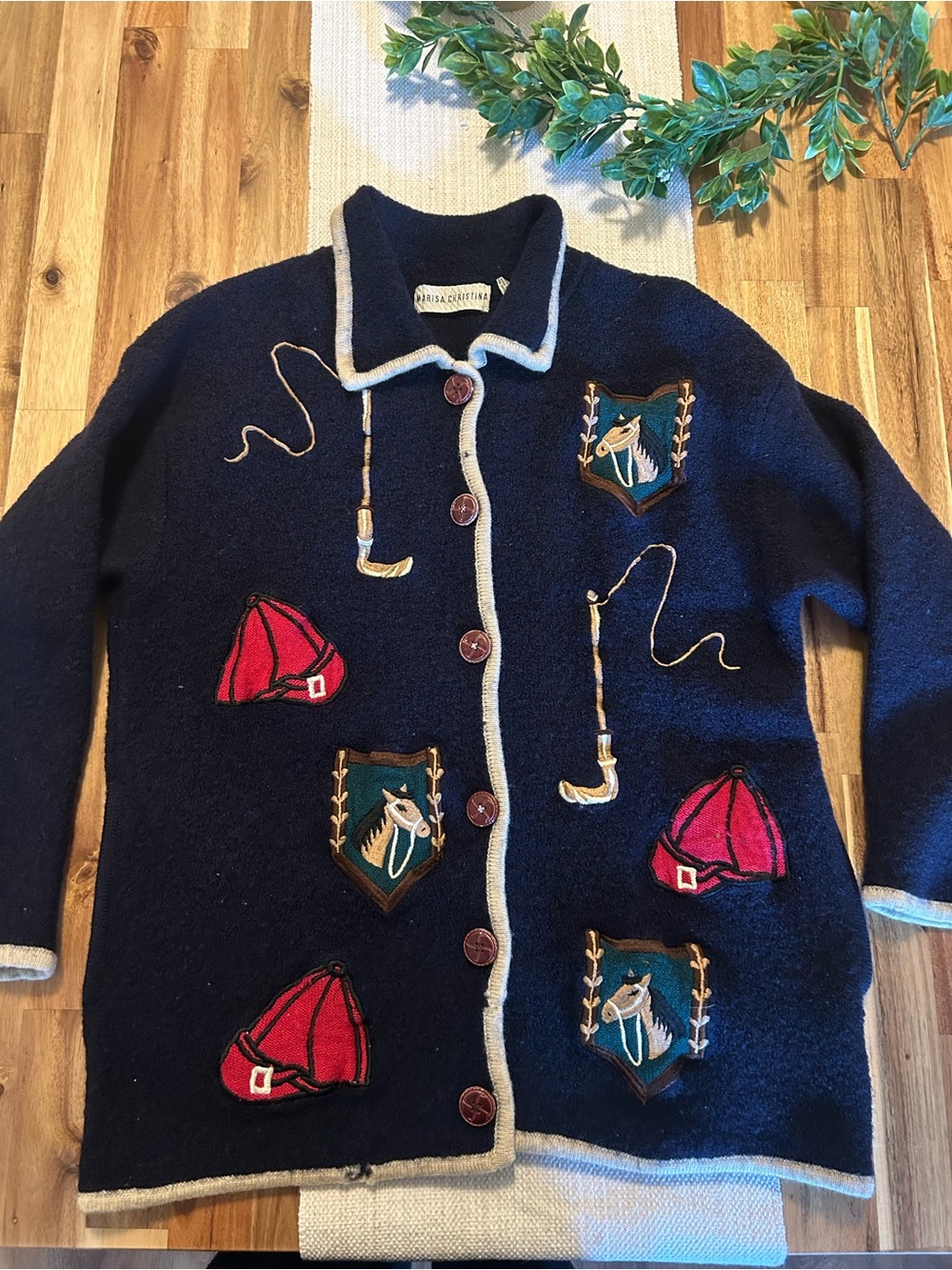 Marisa Christina Vintage Equestrian Wool Cardigan Navy Embroidered Size M